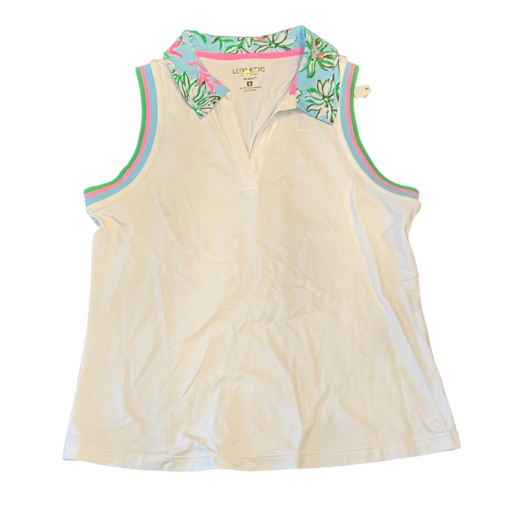 NWT Lilly Pulitzer Luxletic Alister Polo UPF 50+ White Lil Sun‎ Of A Bun Small